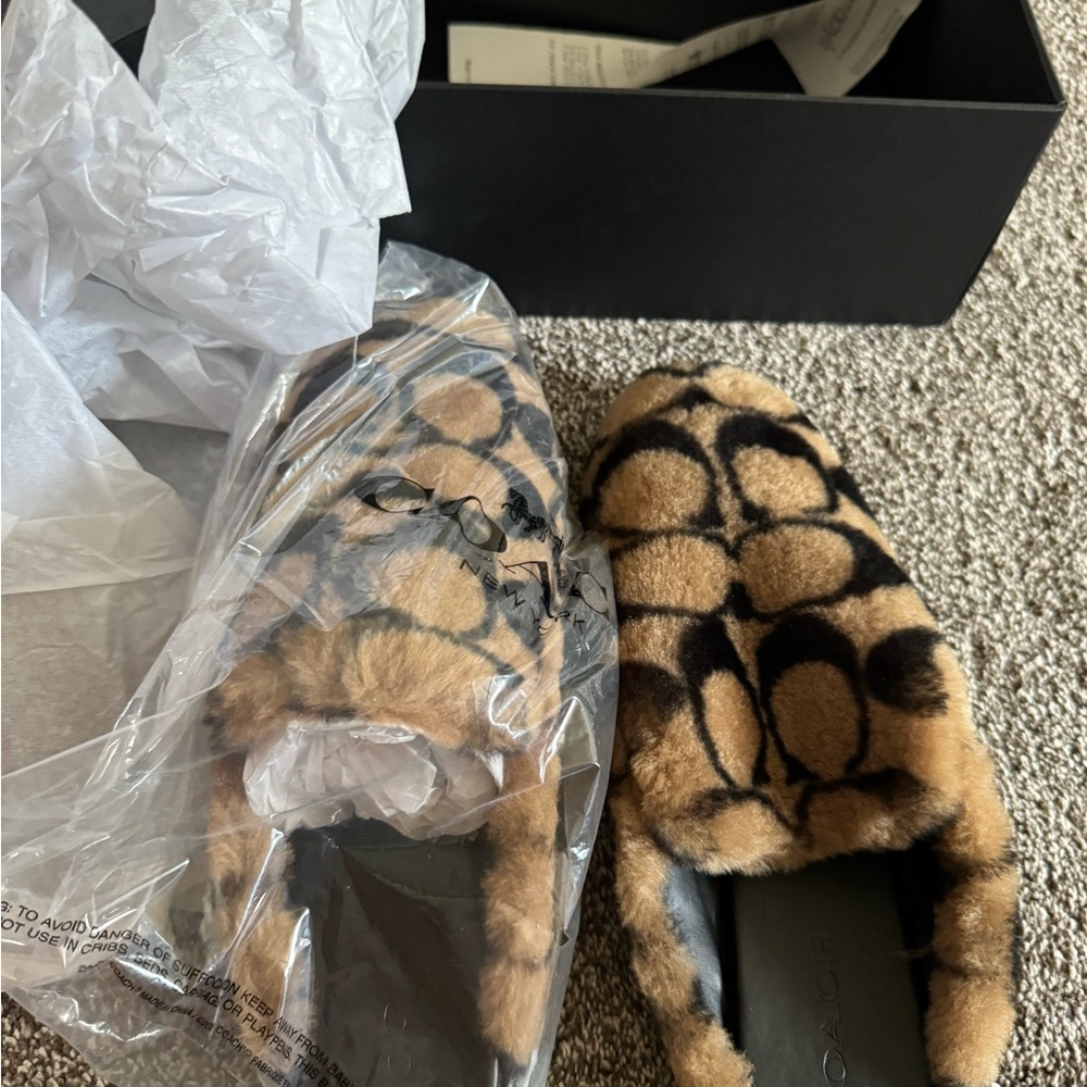 Coach Furry Shearling Slippers in Brown and Black - Picture 4 of 6